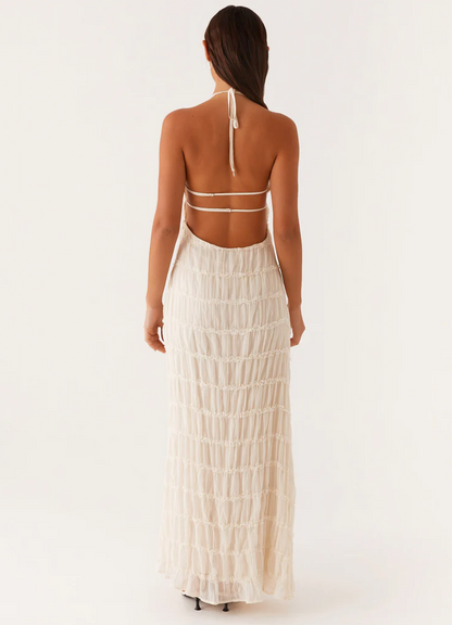 Ava | Pleated Lace Trim Halter Bridesmaid Dress