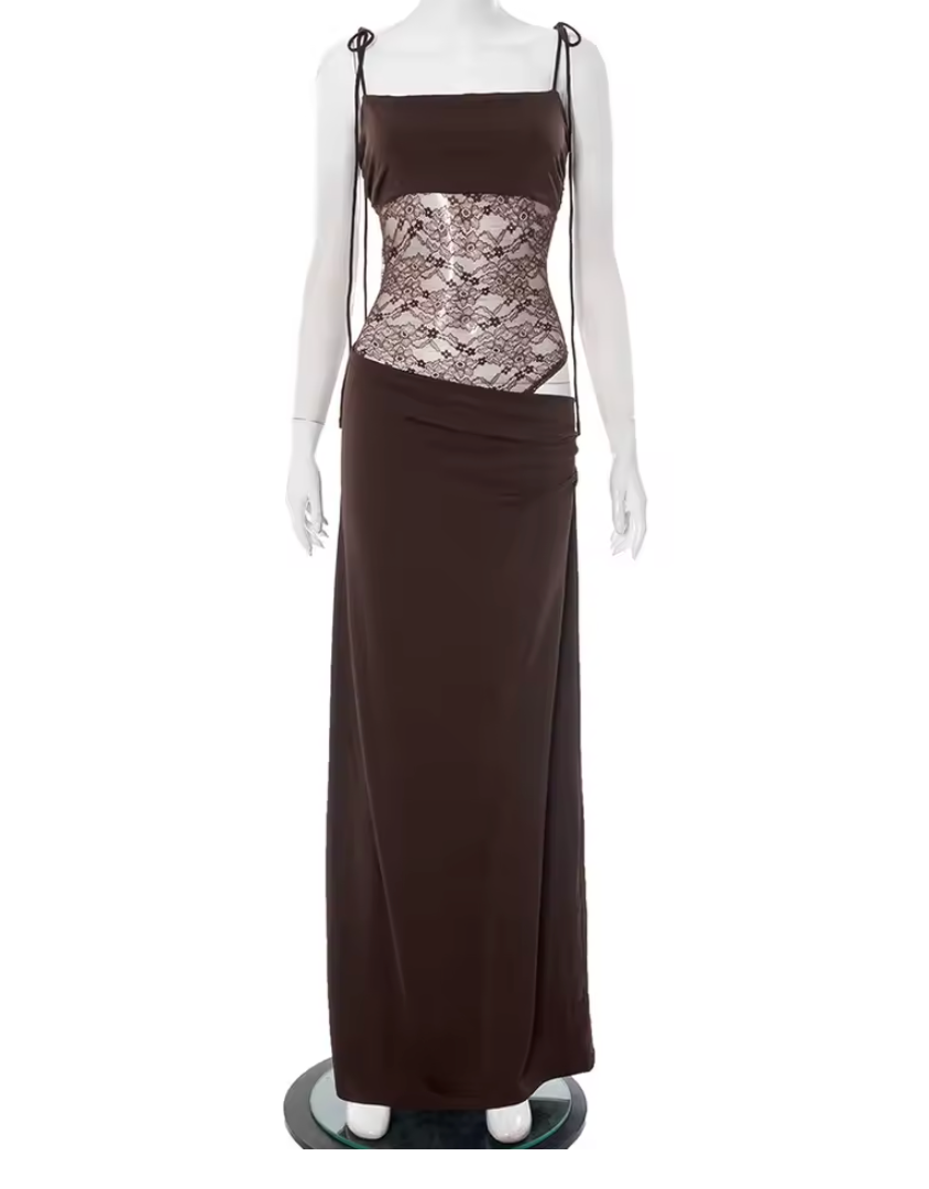 Gianna | Lace Panel Tie Strap Bodycon Maxi Dress
