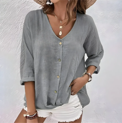 Aurelie | V Neck Relaxed Button-Up Summer Blouse