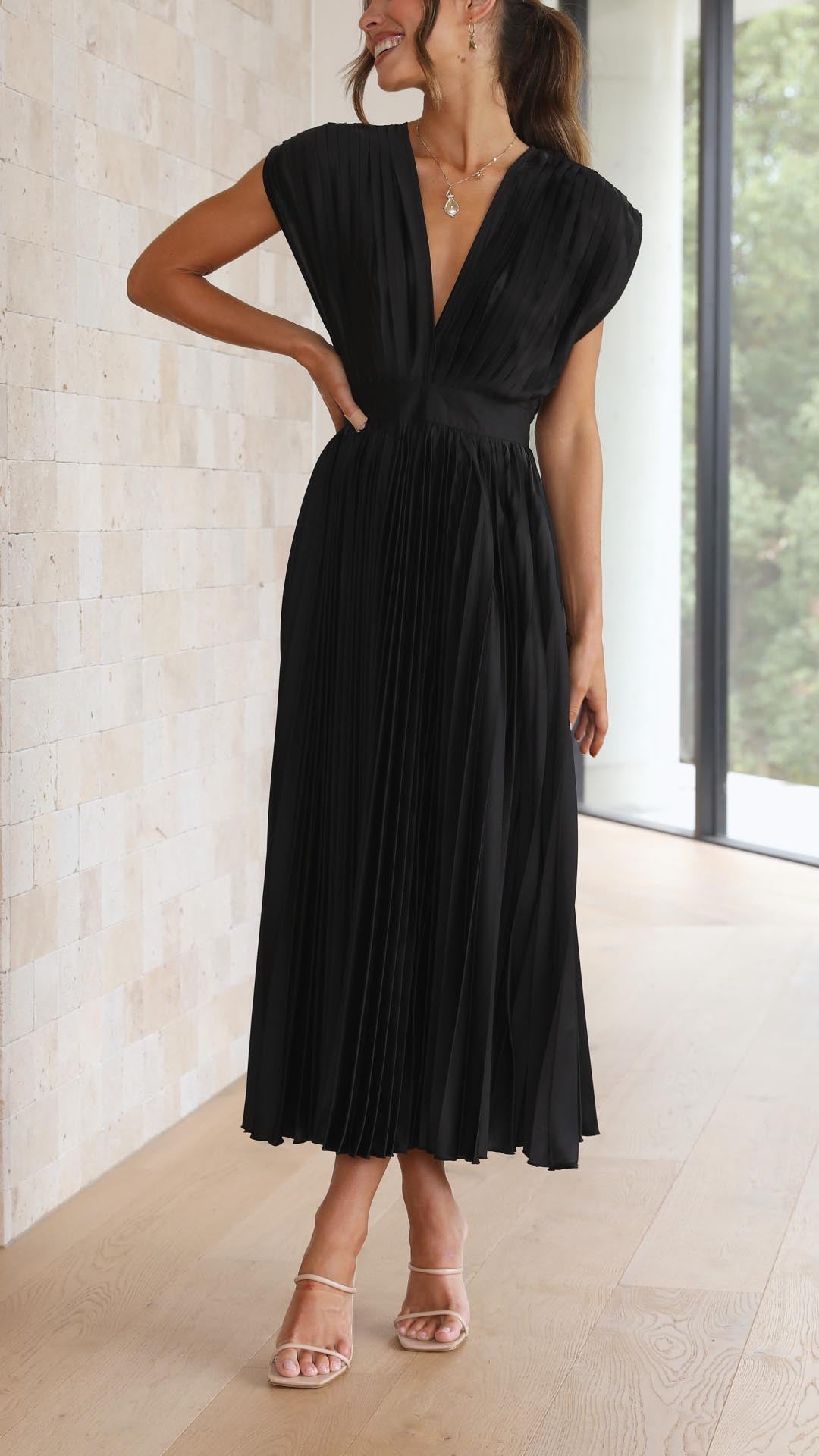 Diana | Women's V Neck Pleated Wedding Guest Midi Dress