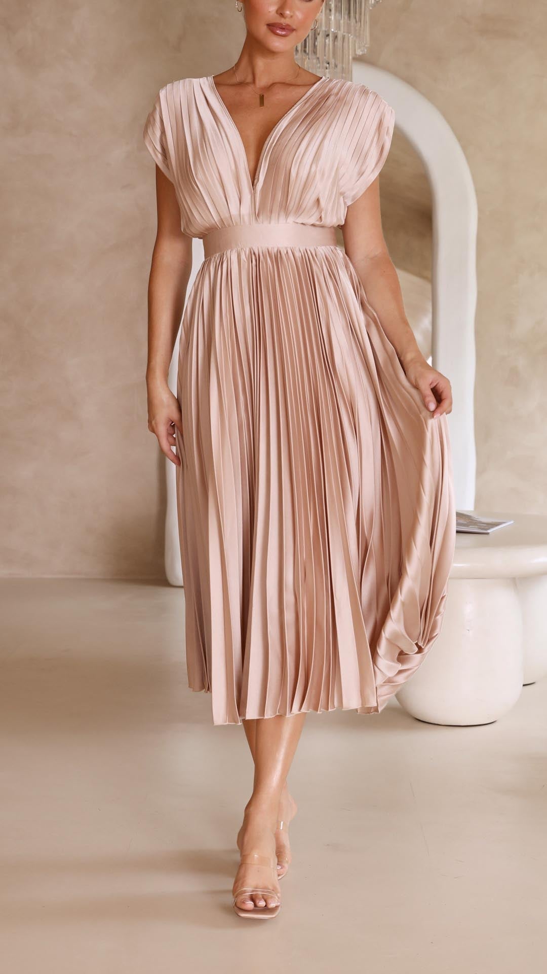 Diana | Women's V Neck Pleated Wedding Guest Midi Dress