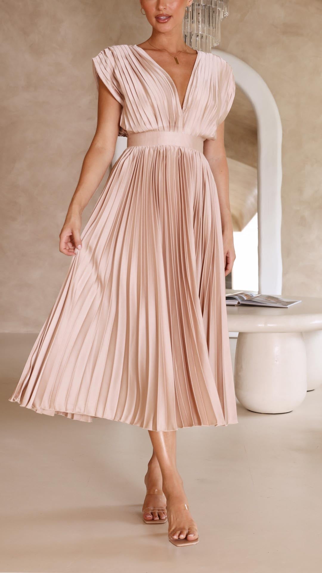 Diana | Women's V Neck Pleated Wedding Guest Midi Dress