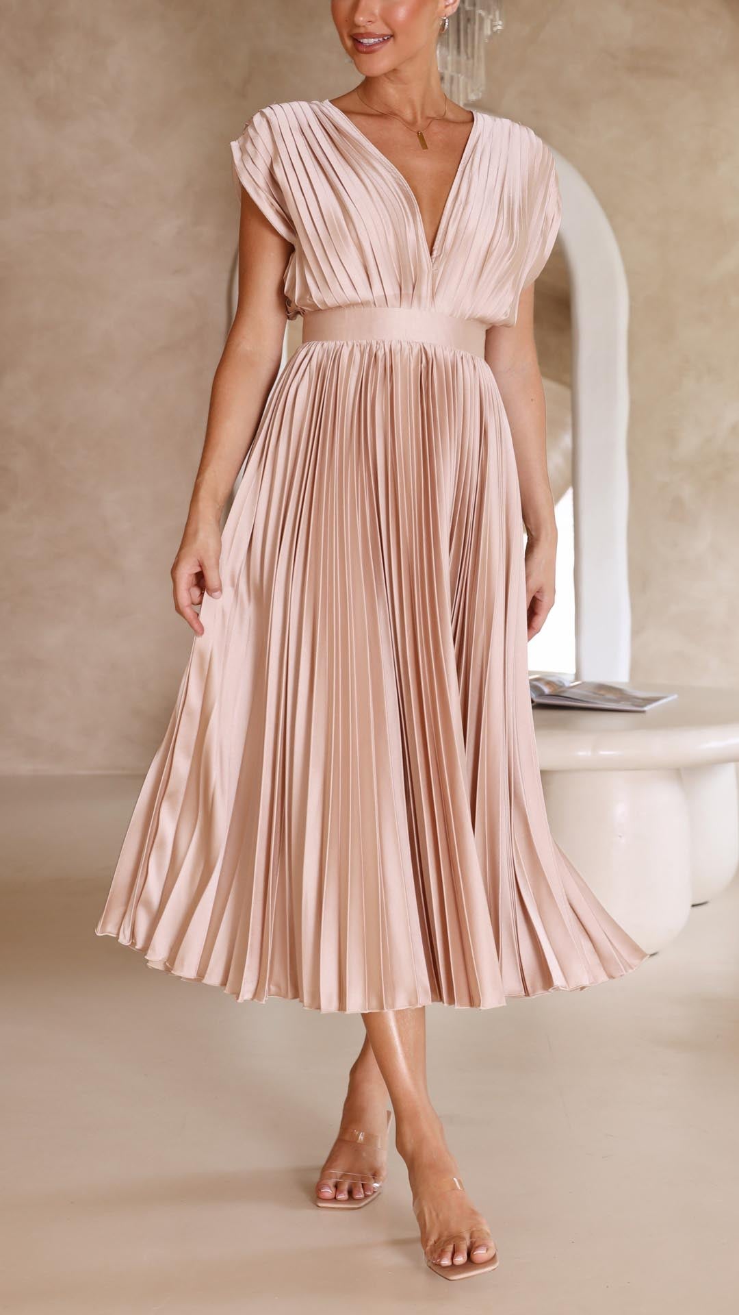 Diana | Women's V Neck Pleated Wedding Guest Midi Dress