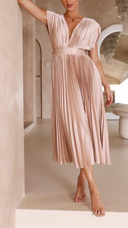 Diana | Women's V Neck Pleated Wedding Guest Midi Dress