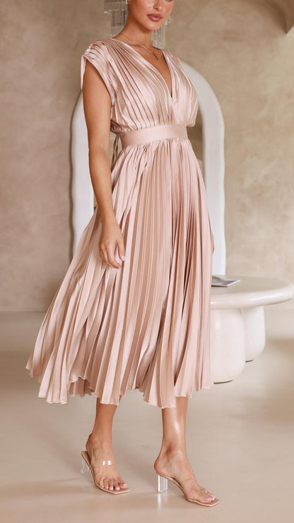 Diana | Women's V Neck Pleated Wedding Guest Midi Dress