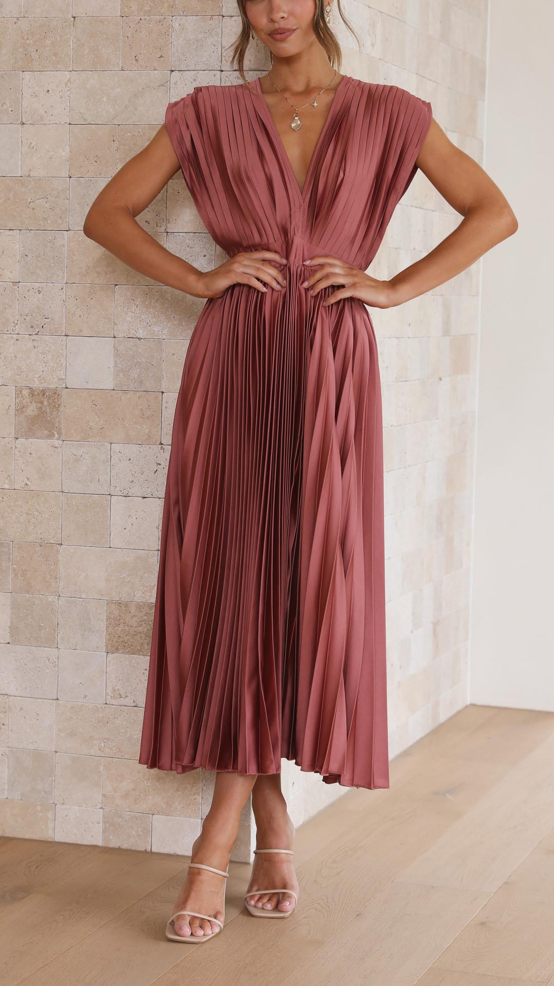 Diana | Women's V Neck Pleated Wedding Guest Midi Dress