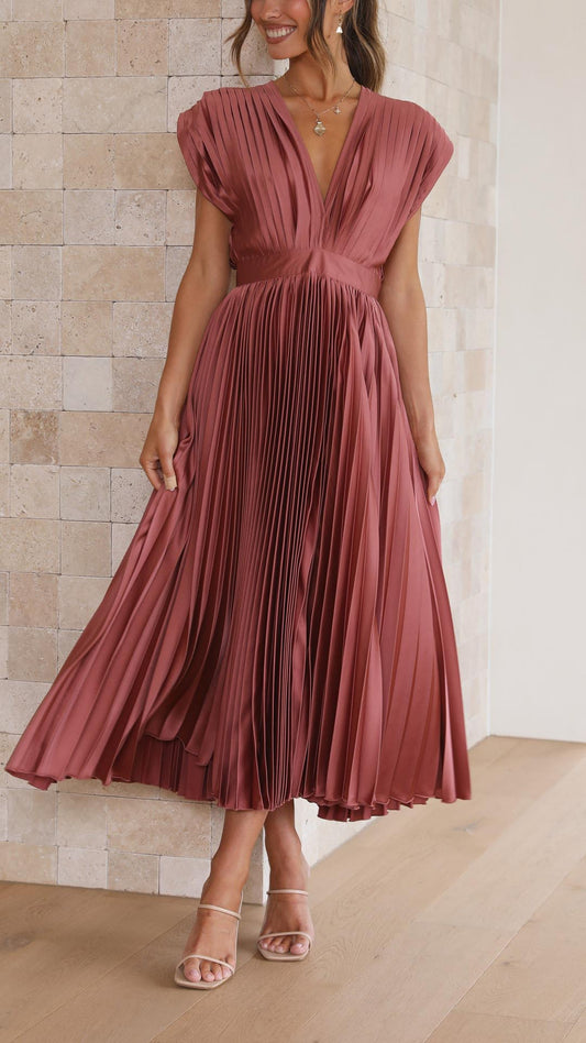 Diana | Women's V Neck Pleated Wedding Guest Midi Dress