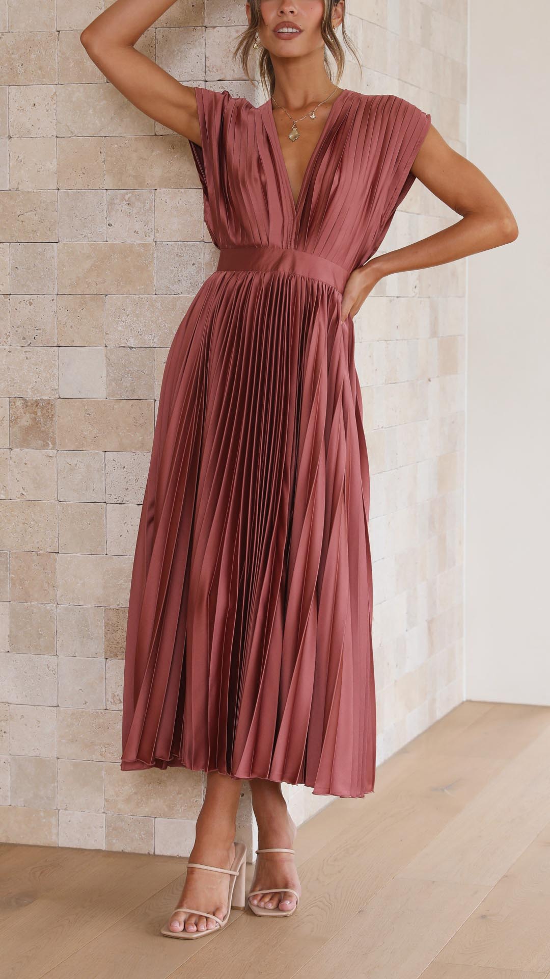 Diana | Women's V Neck Pleated Wedding Guest Midi Dress
