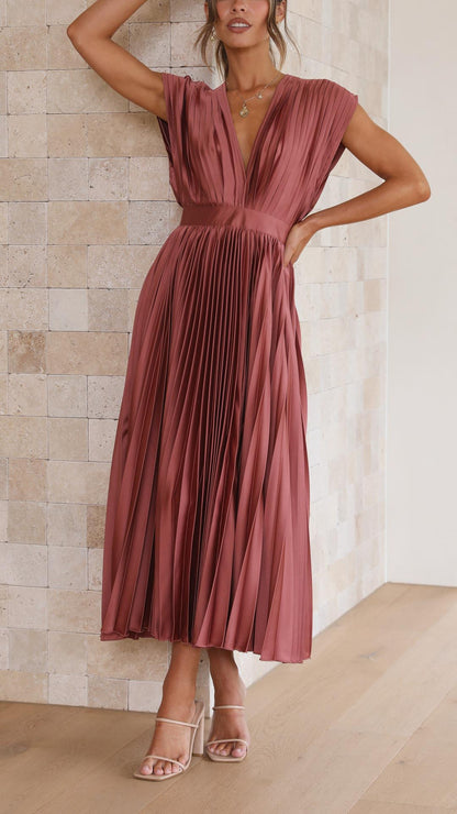 Diana | Women's V Neck Pleated Wedding Guest Midi Dress