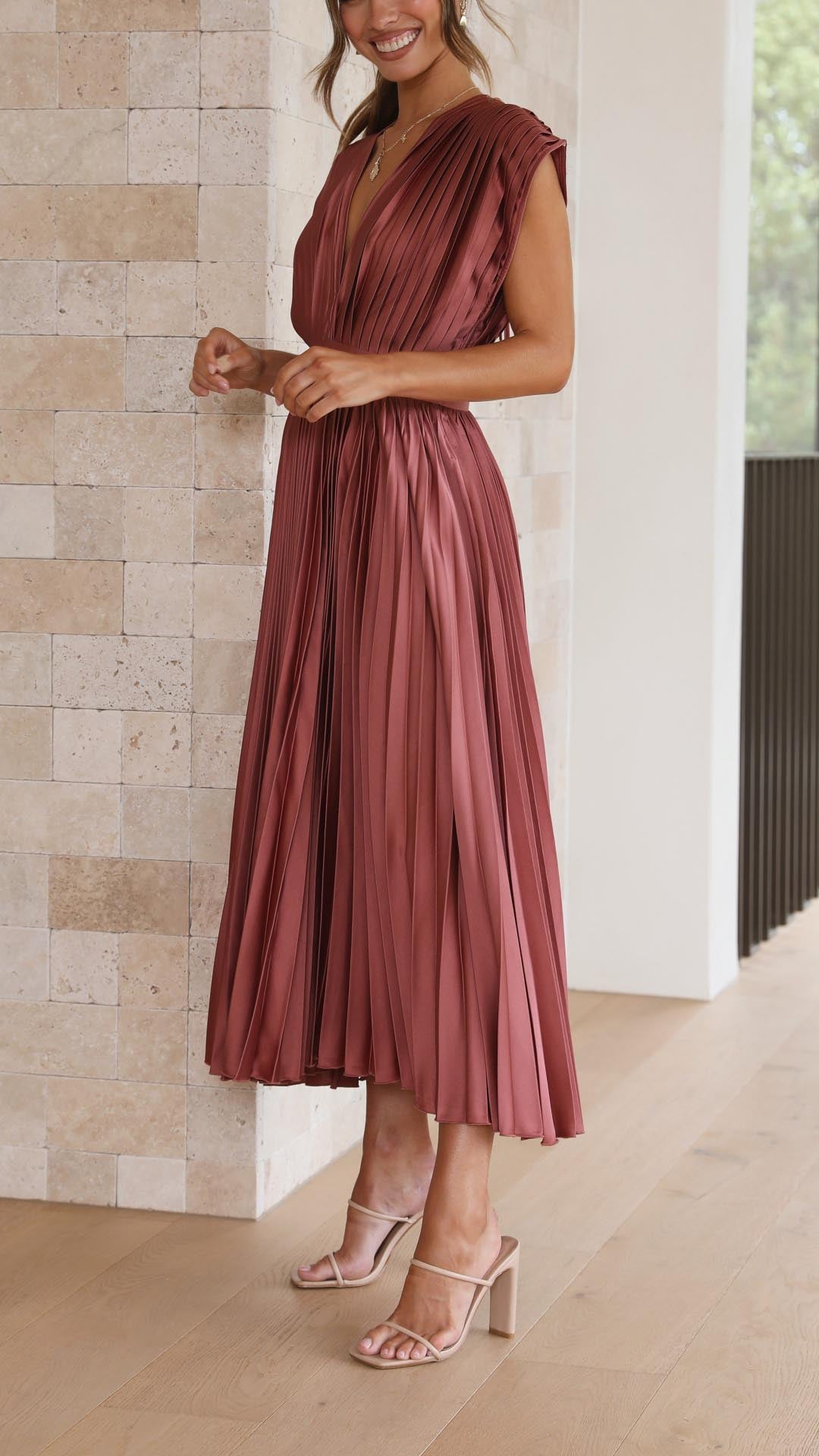 Diana | Women's V Neck Pleated Wedding Guest Midi Dress