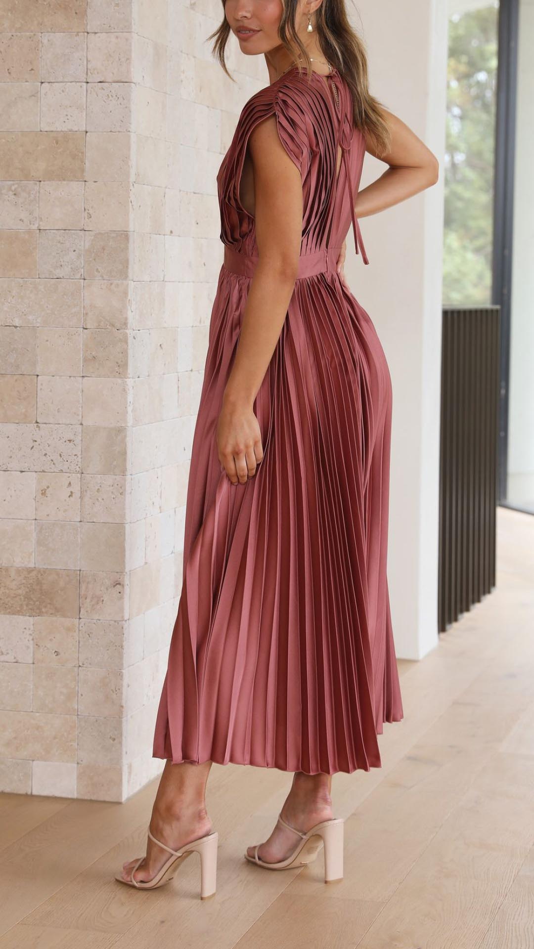 Diana | Women's V Neck Pleated Wedding Guest Midi Dress