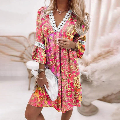 Cora | Floral Lace Trim V Neck Boho Summer Dress