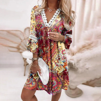Cora | Floral Lace Trim V Neck Boho Summer Dress