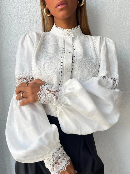 Odette | Lace Trim Puff Sleeve Button Up Blouse