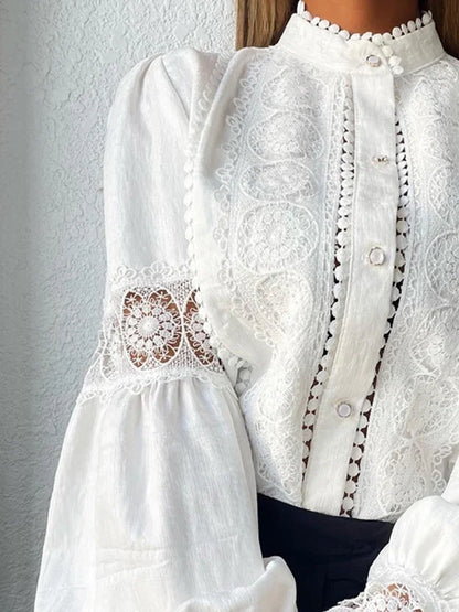 Odette | Lace Trim Puff Sleeve Button Up Blouse