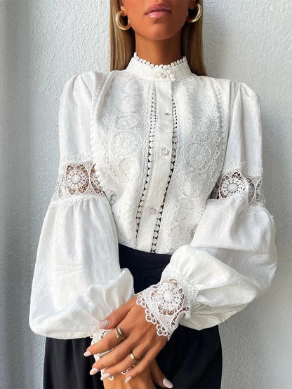 Odette | Lace Trim Puff Sleeve Button Up Blouse