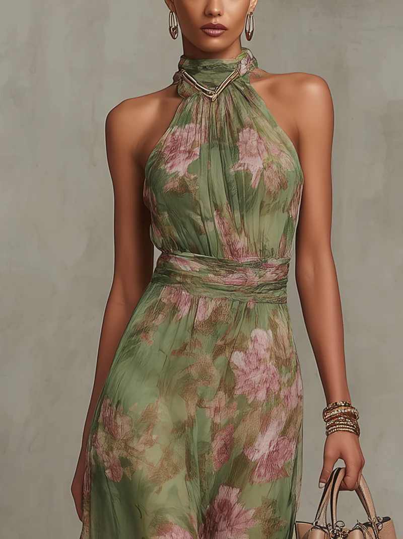 Juniper | Floral Halter Chiffon Wedding Guest Maxi Dress