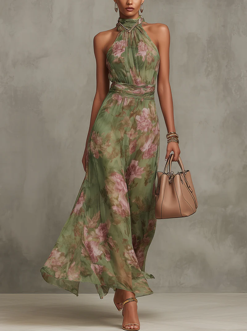 Juniper | Floral Halter Chiffon Wedding Guest Maxi Dress