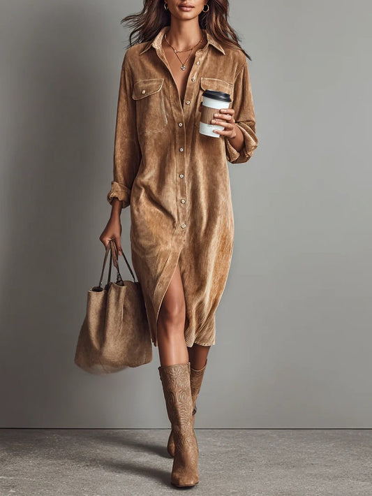 Riley | Corduroy Button Down Shirt Midi Dress