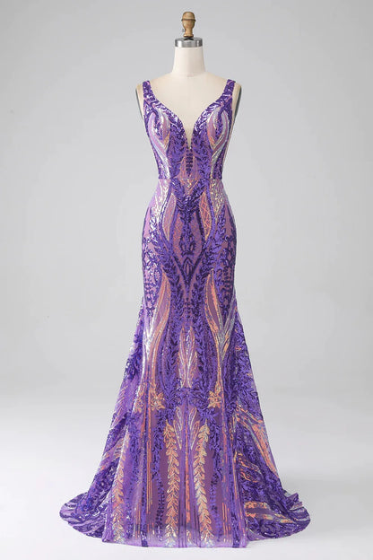 Violet | Sequin Open Back V Neck Mermaid Prom Dress