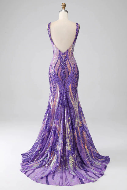 Violet | Sequin Open Back V Neck Mermaid Prom Dress
