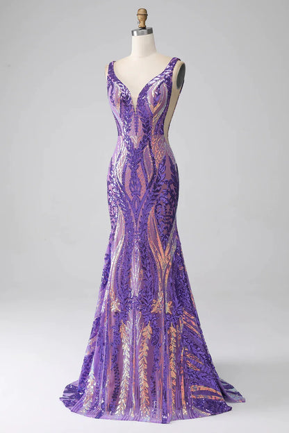 Violet | Sequin Open Back V Neck Mermaid Prom Dress