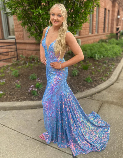 Violet | Sequin Open Back V Neck Mermaid Prom Dress