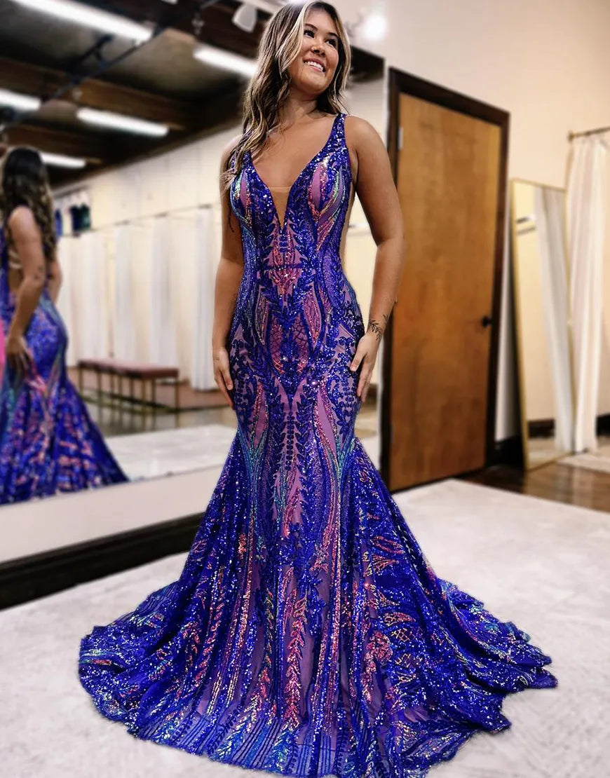 Violet | Sequin Open Back V Neck Mermaid Prom Dress