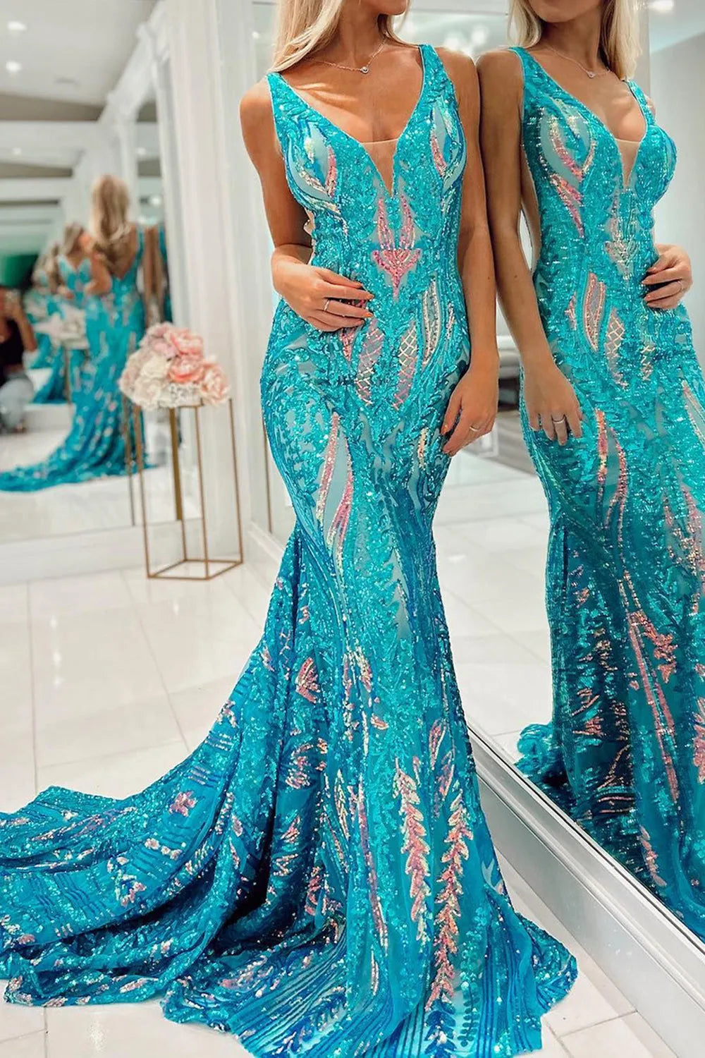 Violet | Sequin Open Back V Neck Mermaid Prom Dress