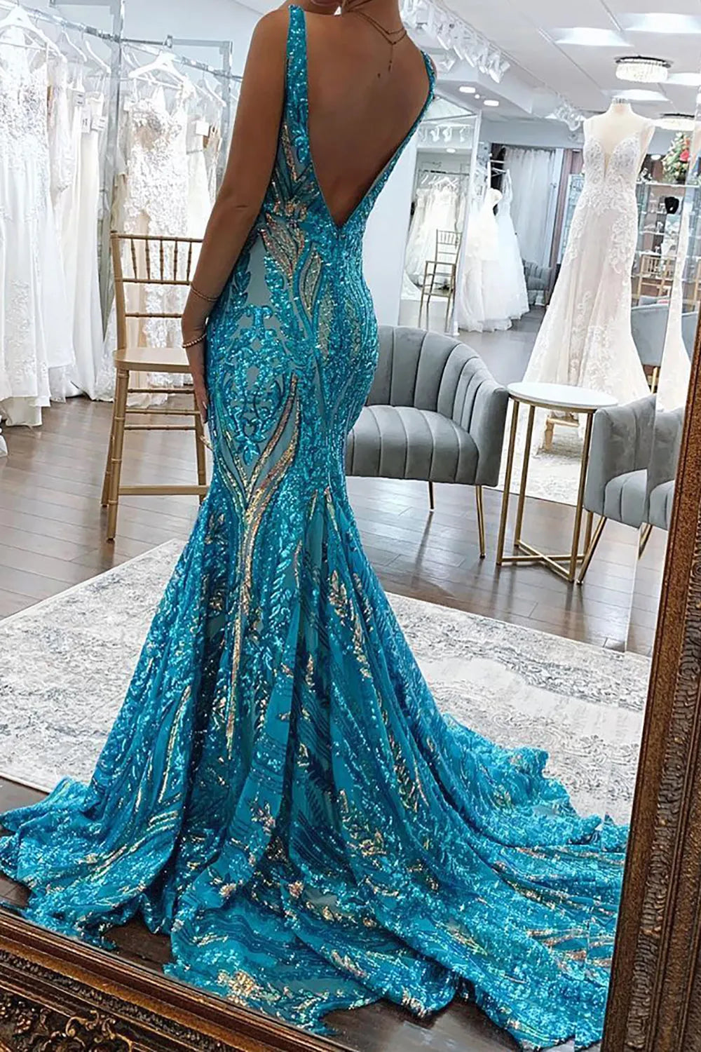 Violet | Sequin Open Back V Neck Mermaid Prom Dress