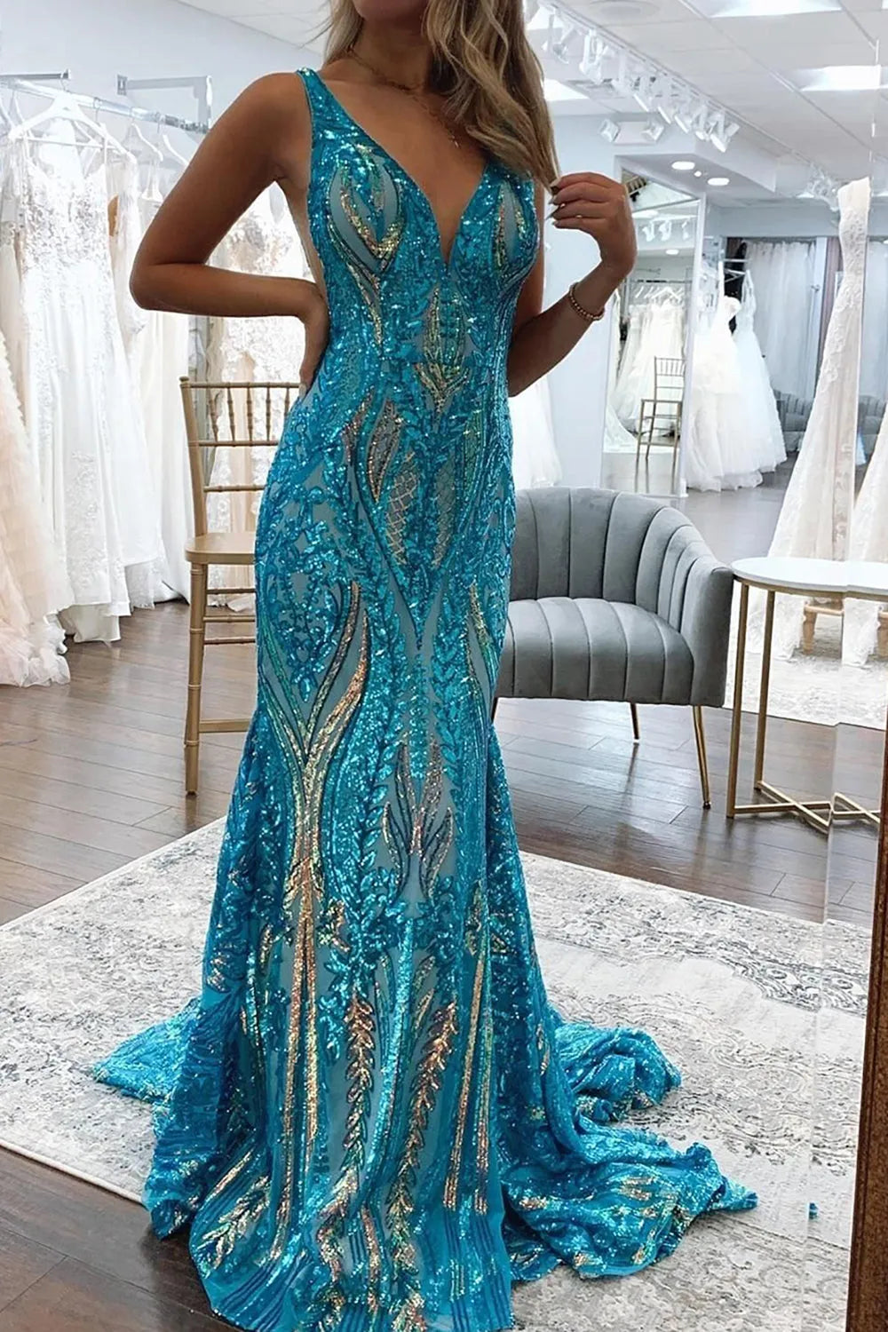 Violet | Sequin Open Back V Neck Mermaid Prom Dress