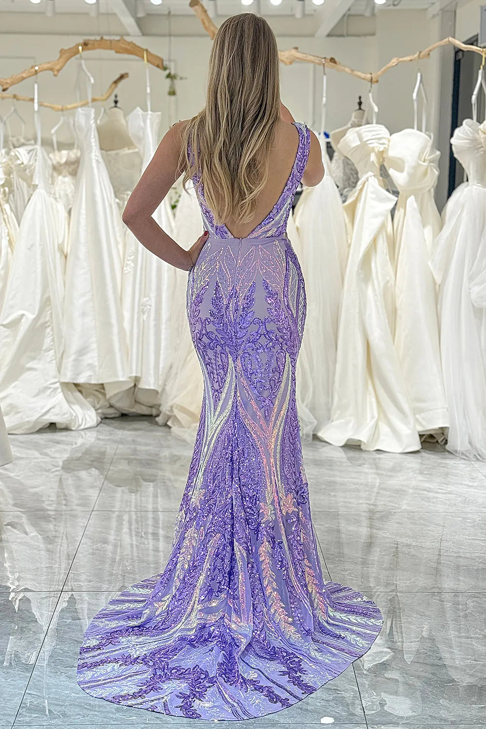 Violet | Sequin Open Back V Neck Mermaid Prom Dress