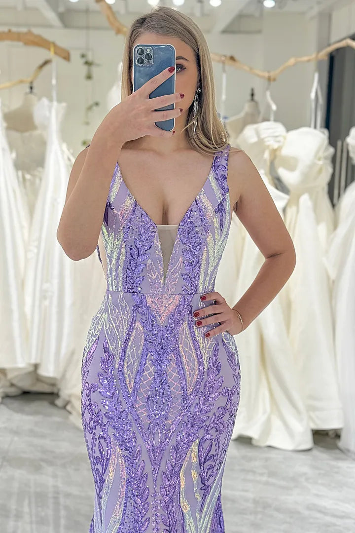 Violet | Sequin Open Back V Neck Mermaid Prom Dress