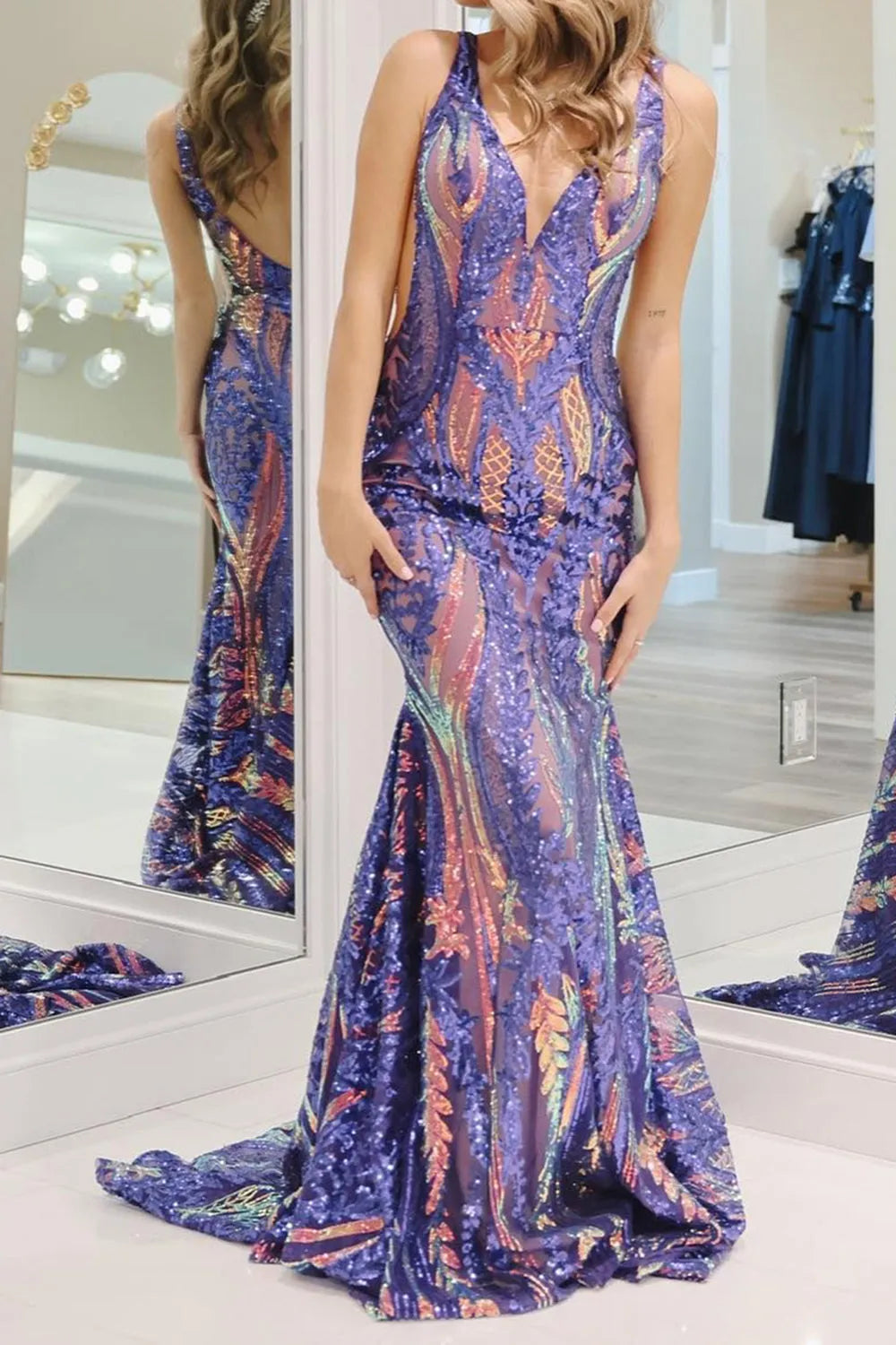 Violet | Sequin Open Back V Neck Mermaid Prom Dress