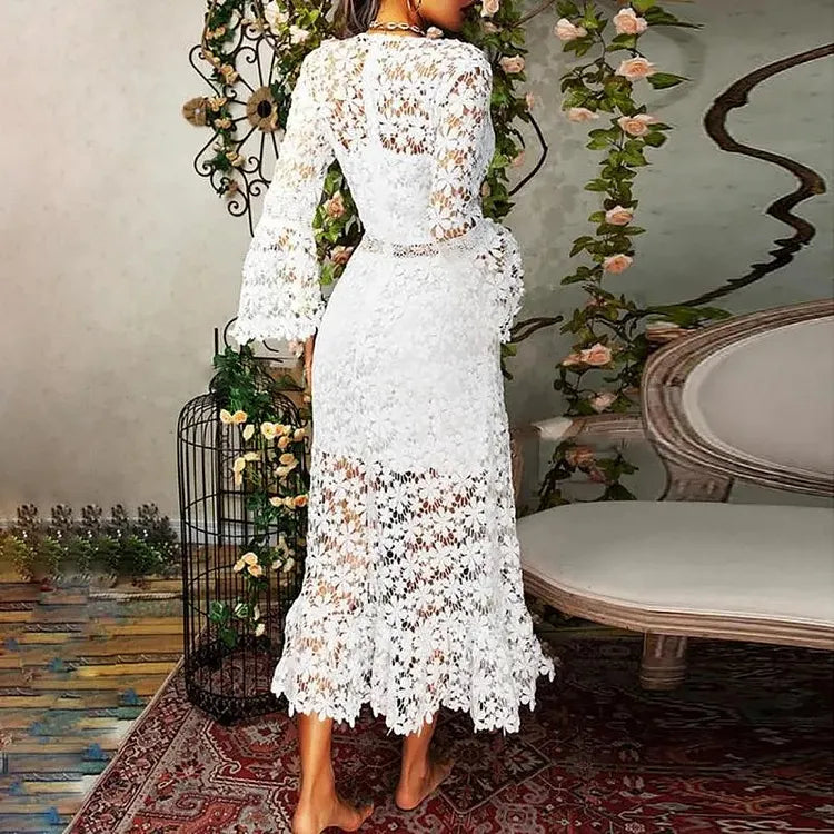 Katie | Floral Cutout Lace V Neck Midi Dress