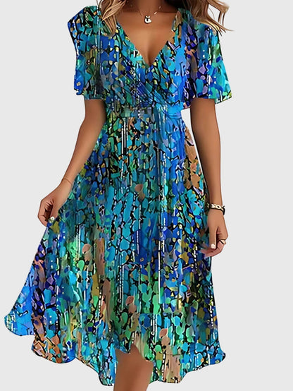 Tara | Floral Wrap Flutter Sleeve Midi Beach Dress