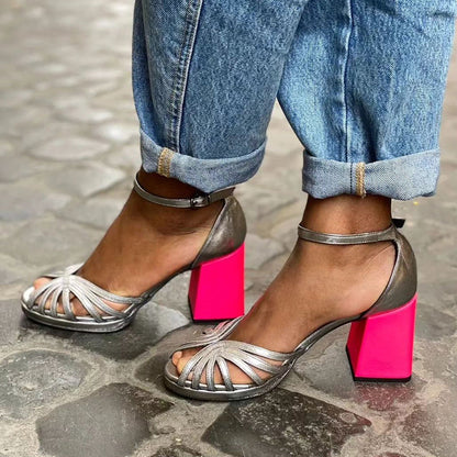 Zara | Shiny Metallic Ankle Strap Block Heesls