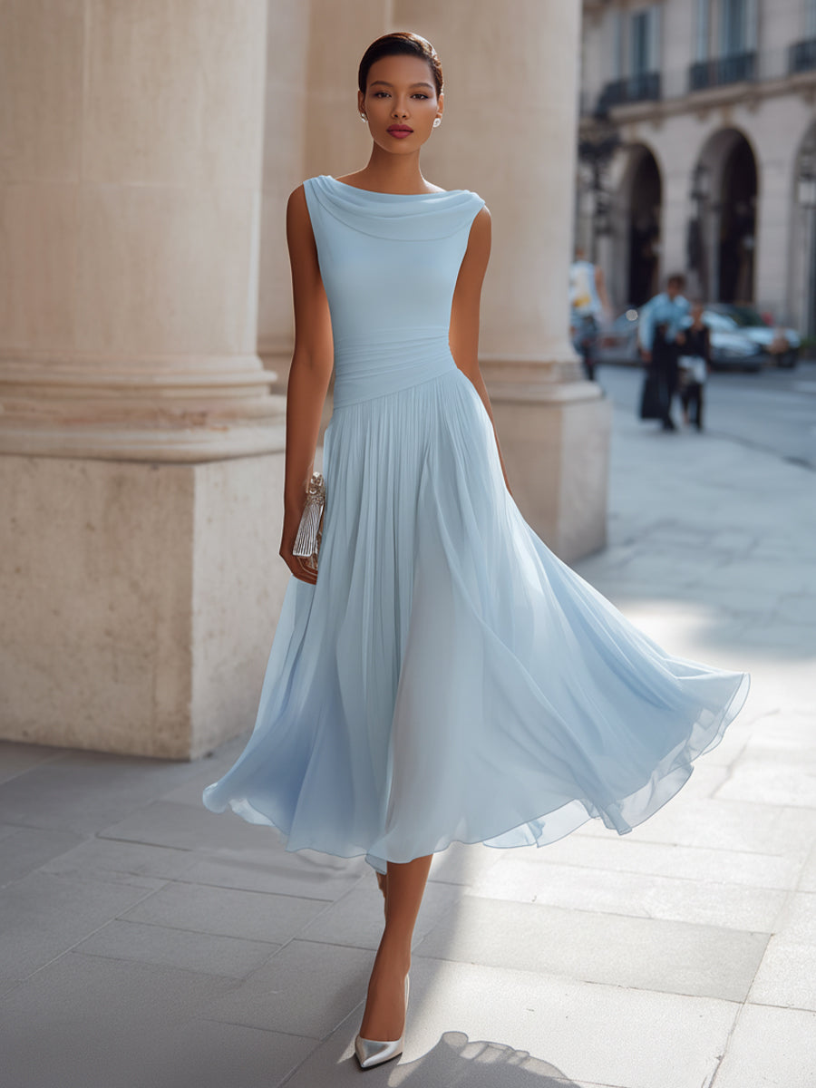 Fiona | Draped Neck Chiffon Formal Midi Dress