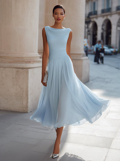 Fiona | Draped Neck Chiffon Formal Midi Dress