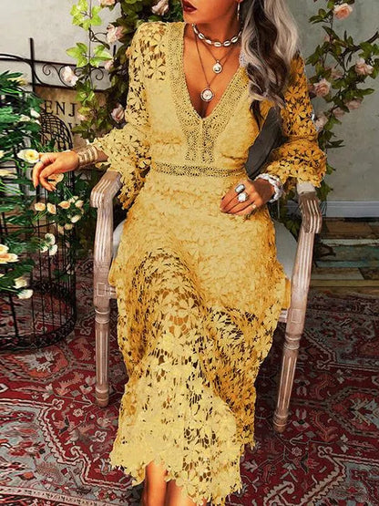 Katie | Floral Cutout Lace V Neck Midi Dress