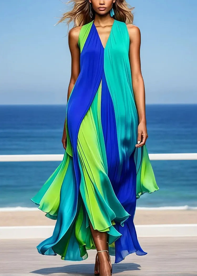 Mara | Colorful Pleated Halter Chiffon Maxi Beach Dress