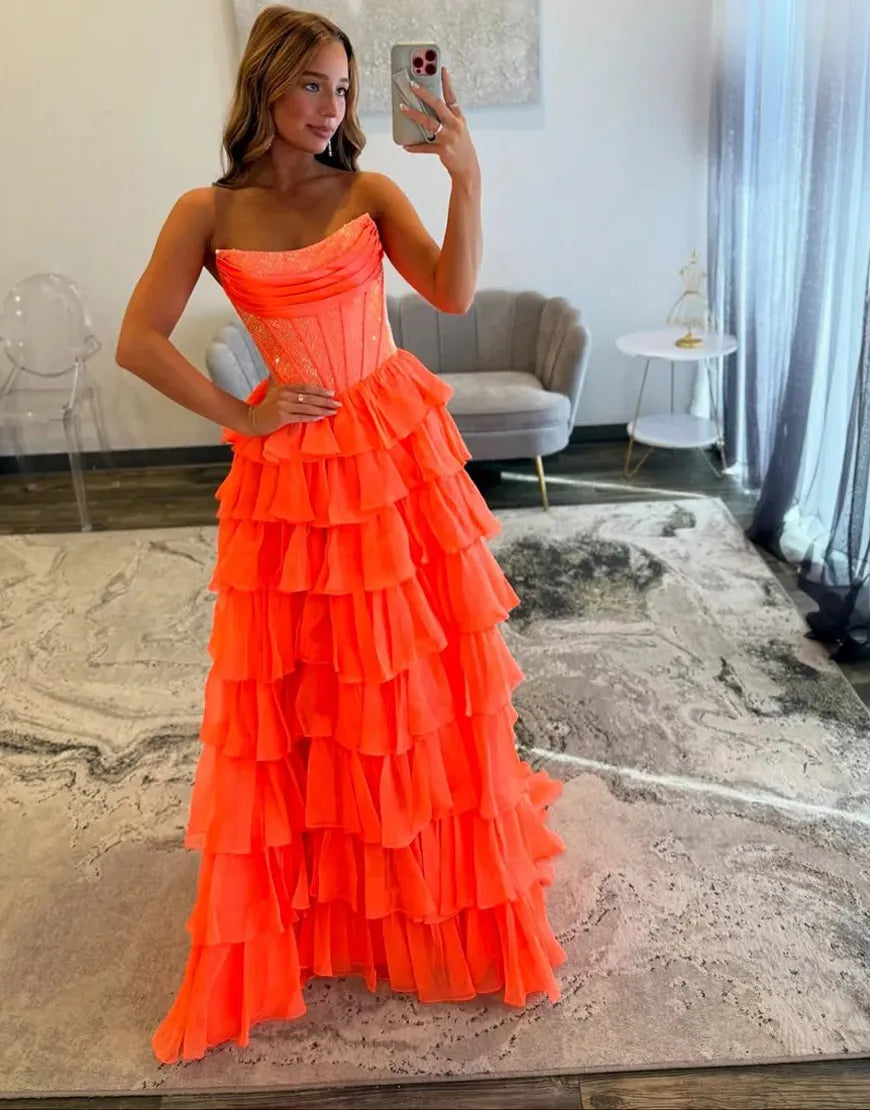 Stella | Corset Tiered Ruffle Strapless Prom Dress