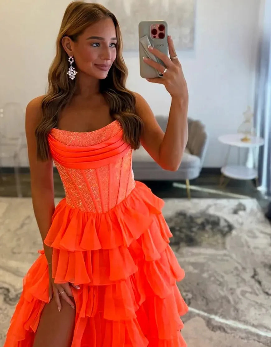 Stella | Corset Tiered Ruffle Strapless Prom Dress