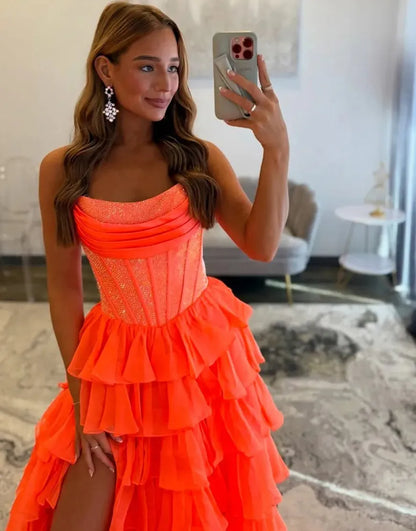 Stella | Corset Tiered Ruffle Strapless Prom Dress
