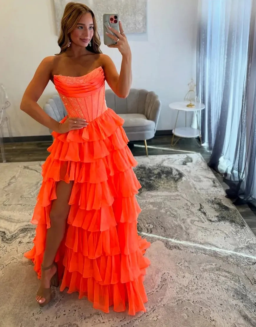 Stella | Corset Tiered Ruffle Strapless Prom Dress