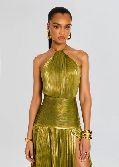 Thalia | Metallic Pleated Halter Maxi Wedding Guest Dress