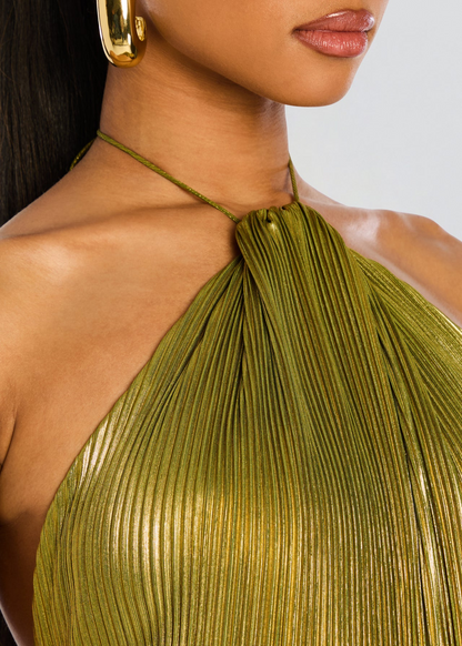 Thalia | Metallic Pleated Halter Maxi Wedding Guest Dress