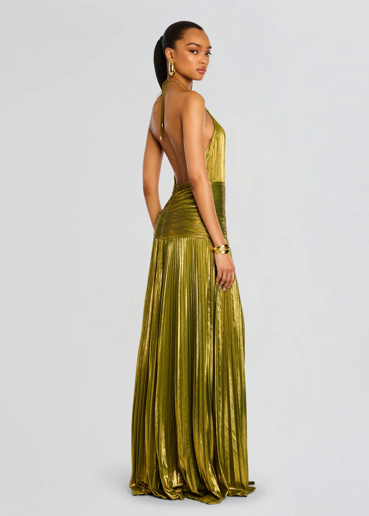 Thalia | Metallic Pleated Halter Maxi Wedding Guest Dress