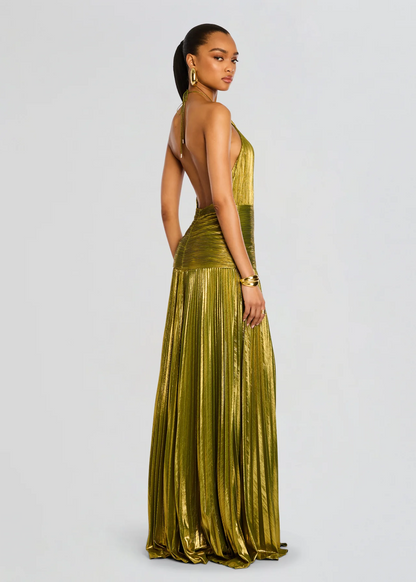 Thalia | Metallic Pleated Halter Maxi Wedding Guest Dress