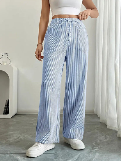 Elin | Striped Drawstring Wide Leg Linen Pants